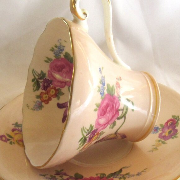 Aynsley Tea Cup and Saucer, Soft Beige and Spring Floral, Corset Shape, H28 - Picture 2 of 8